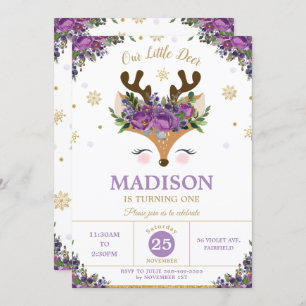 Reindeer Purple Floral Snowflakes Birthday Party Invitation
