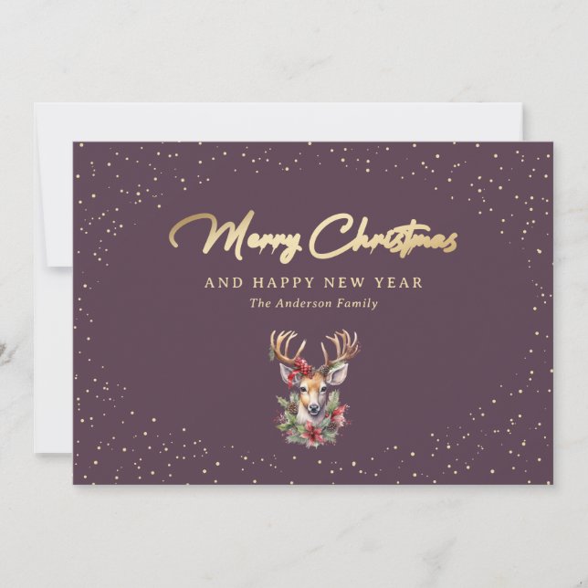 Reindeer Purple Gold Snow Merry Christmas Holiday Card (Front)