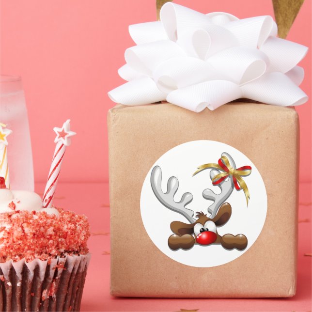 Reindeer Puzzled Funny Christmas Character Classic Round Sticker (Party)