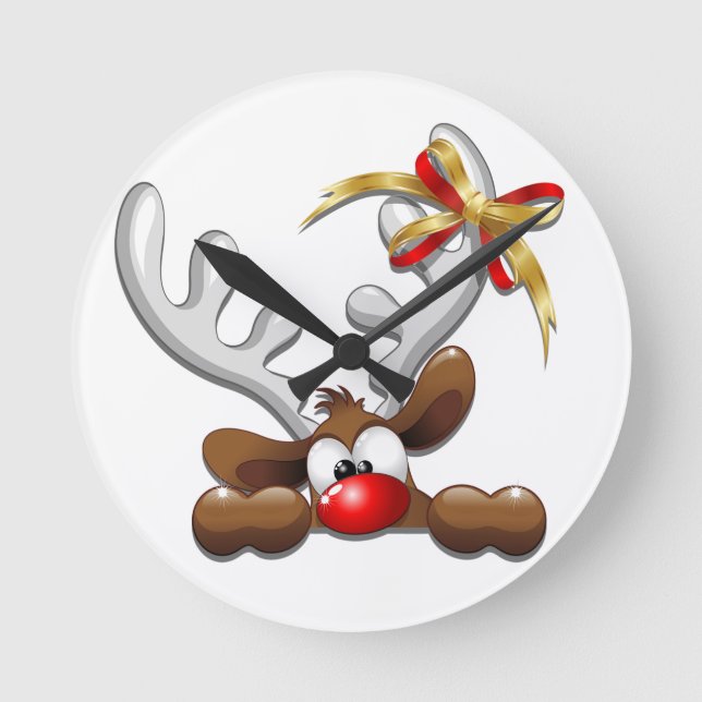 Reindeer Puzzled Funny Christmas Character Round Clock (Front)