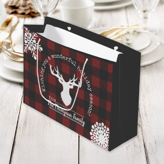 Reindeer Red Black Buffalo Plaid Christmas Holiday Large Gift Bag