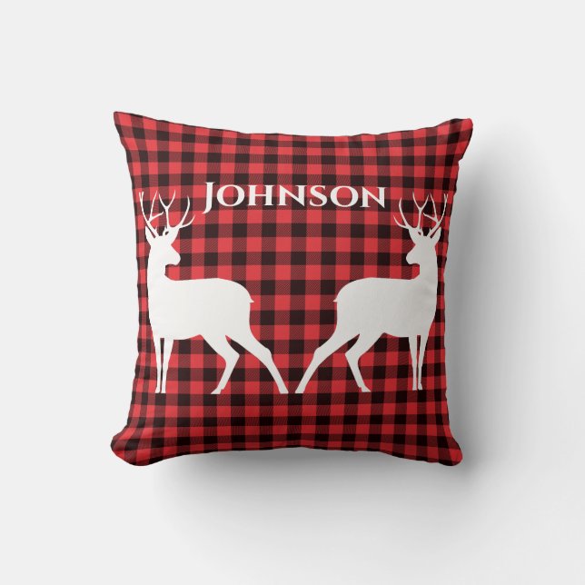 Reindeer Red & Black Tartan Pattern Buffalo Plaid Cushion (Front)