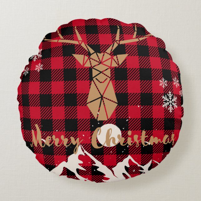 Reindeer red buffalo Plaid Christmas Throw Pillow (Front)