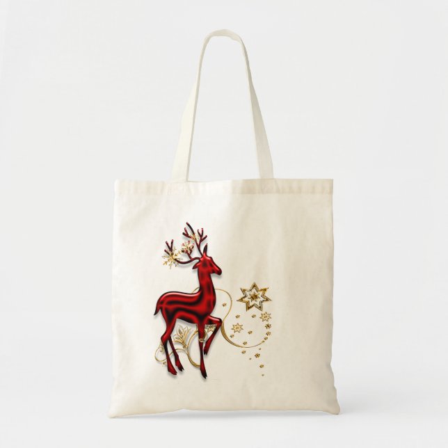 Reindeer red gold snowflake tote bag (Front)