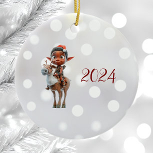 Reindeer Rider Christmas Elf Ceramic Ornament