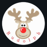 Reindeer Rudolph red nose Classic Round Sticker<br><div class="desc">This design features cute reindeer Rudolph the red nose</div>