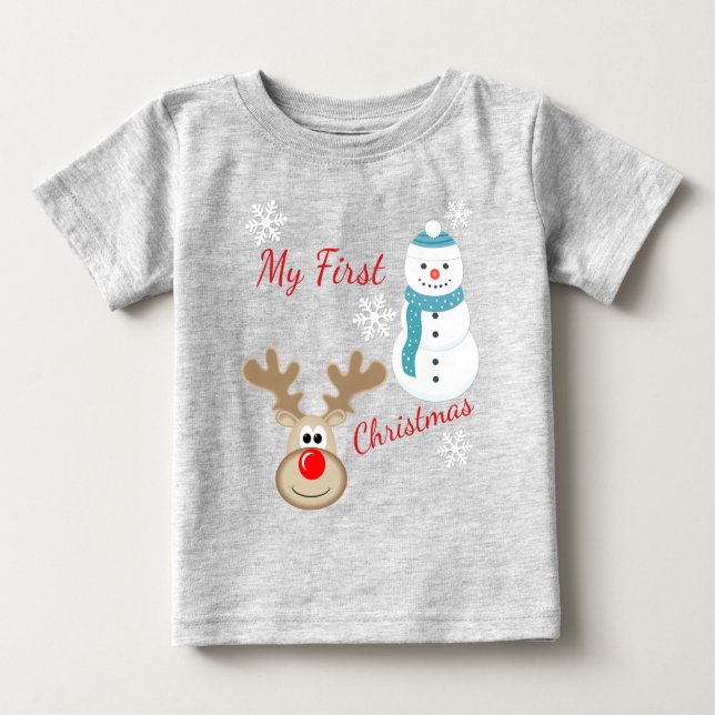 Reindeer Rudolph, Snowman Baby 1st Christmas Baby T-Shirt (Front)