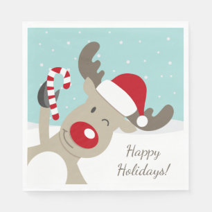 Reindeer Rudolph the red nose in Santa hat Napkin