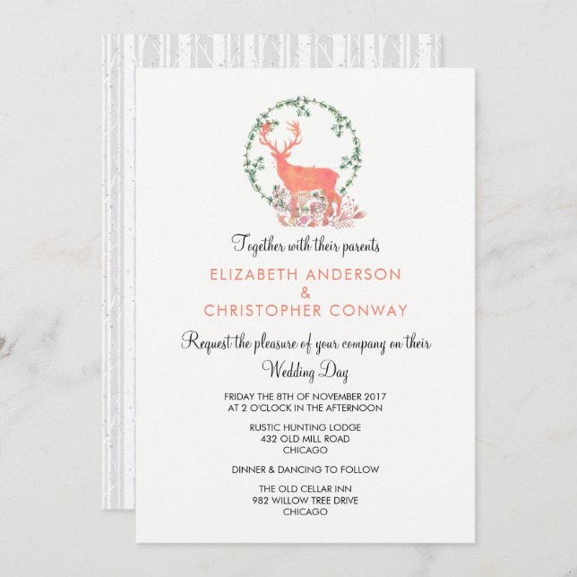 Reindeer Rustic Botanical Watercolor Wedding Invitation (Front/Back)