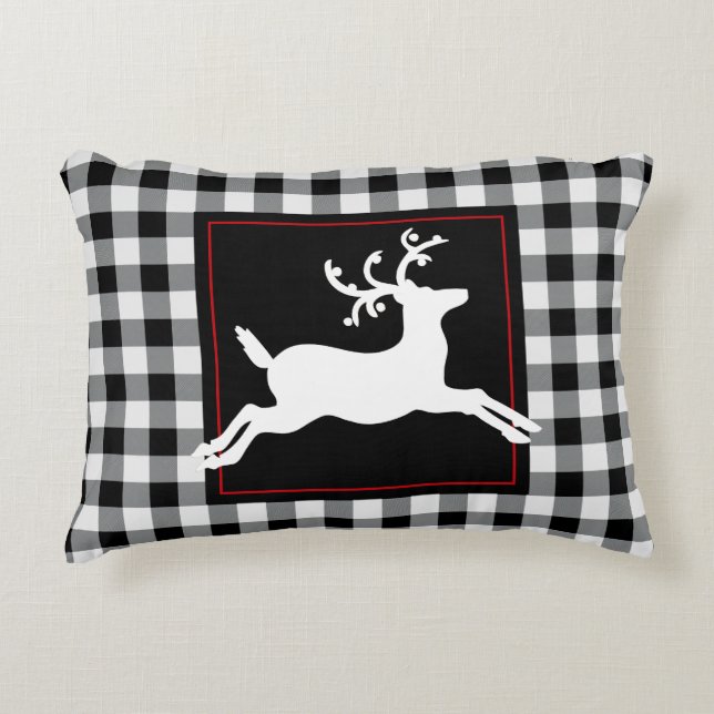 Reindeer Rustic White Black Buffalo Plaid Decorative Cushion (Front)