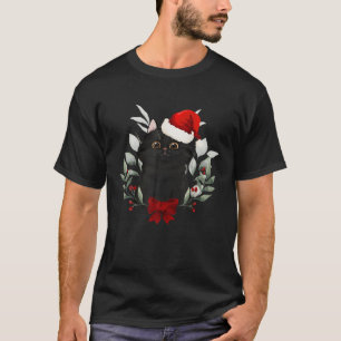 Reindeer Santa Hat Black Cat Christmas Lights Cute T-Shirt