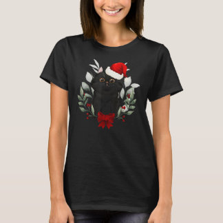 Reindeer Santa Hat Black Cat Christmas Lights Cute T-Shirt