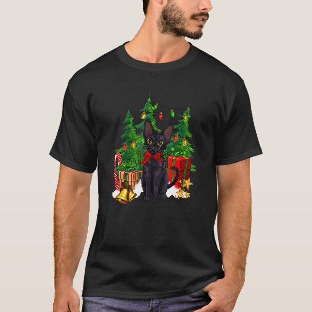 Reindeer Santa Hat Black Cat Christmas Lights Cute T-Shirt (Front)