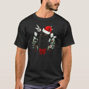 Reindeer Santa Hat Black Cat Christmas Lights Cute T-Shirt