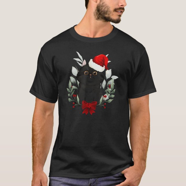 Reindeer Santa Hat Black Cat Christmas Lights Cute T-Shirt (Front)