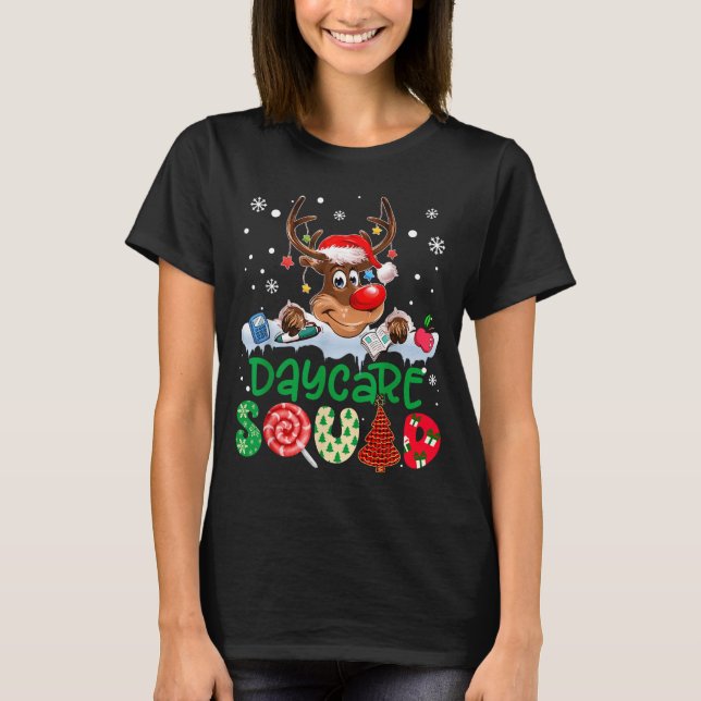 Reindeer Santa Hat Daycare Squad Teacher Christmas T-Shirt (Front)