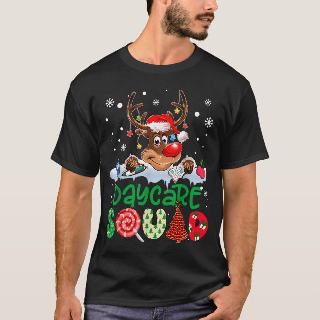 Reindeer Santa Hat Daycare Squad Teacher Christmas T-Shirt (Front)