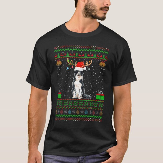 Reindeer Santa Hat Matching Ugly Border Collie Chr T-Shirt (Front)