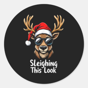Reindeer Santa Hat Sungles Christmas Funny Xmas Classic Round Sticker