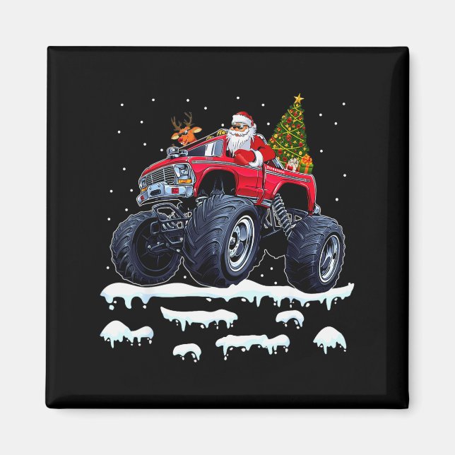 Reindeer Santa Riding Monster Truck Christmas Tree Magnet (Front)