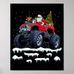 Reindeer Santa Riding Monster Truck Christmas Tree Poster