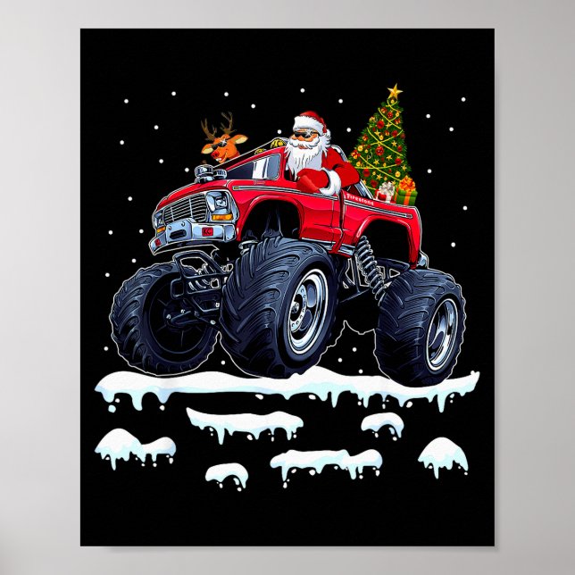 Reindeer Santa Riding Monster Truck Christmas Tree Poster (Front)