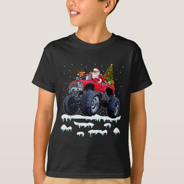 Reindeer Santa Riding Monster Truck Christmas Tree T-Shirt (Front)