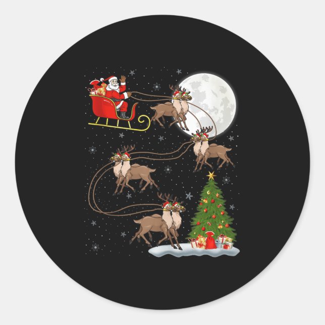 Reindeer Santa Sleigh Flying Funny Magical Christm Classic Round Sticker (Front)