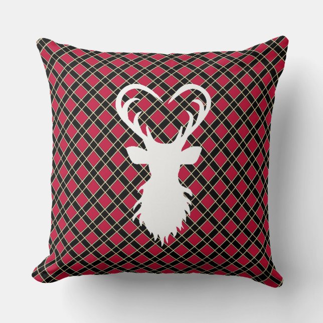 Reindeer silhouette on black & red chequered cushion (Front)