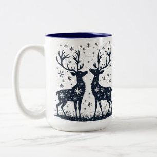 Reindeer Silhouettes Under Falling Christmas Snow Two-Tone Coffee Mug