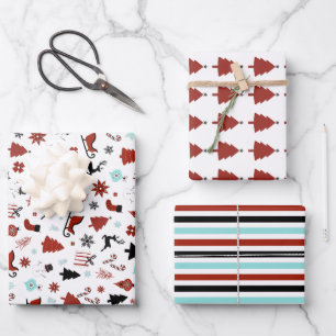Reindeer Sleigh Chrismas Pine Trees Wrapping Paper Sheet