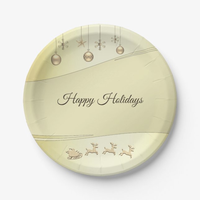 Reindeer Sleigh Christmas Ball Holiday Paper Plate (Front)