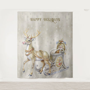 Reindeer Sleigh Holiday Backdrop Tapestry