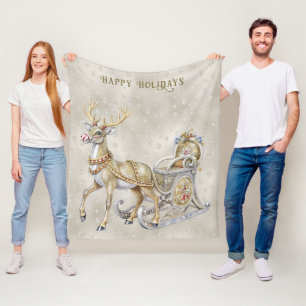 Reindeer Sleigh Holiday Fleece Blanket