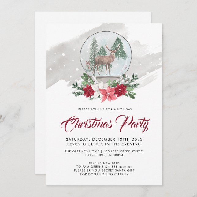 Reindeer Snow Globe Poinsettia Christmas Party Invitation (Front/Back)
