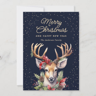 Reindeer Snow Watercolor Blue Merry Christmas Holiday Card