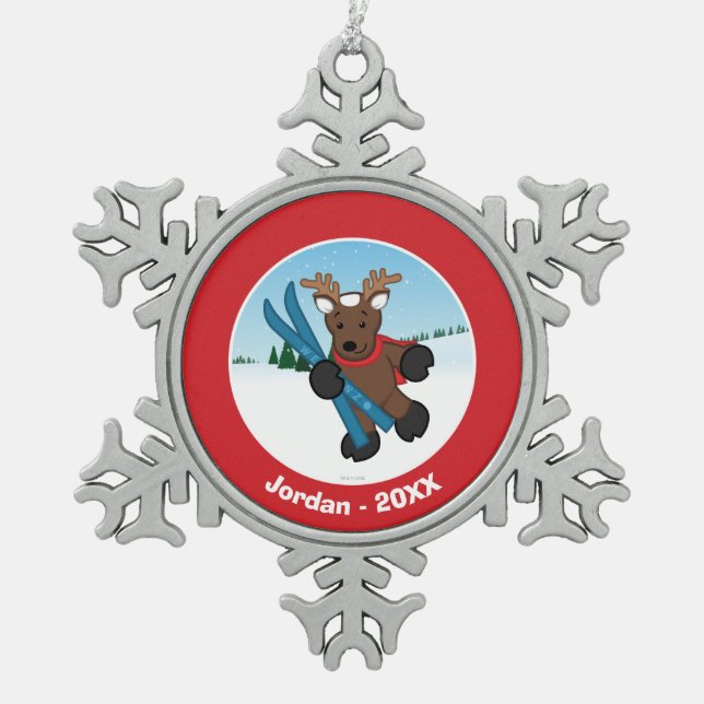 Reindeer Snowflake Pewter Christmas Ornament (Front)