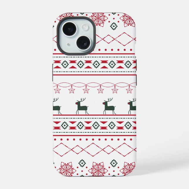 Reindeer & Snowflake Ugly Sweater Holiday iPhone 15 Case (Back)