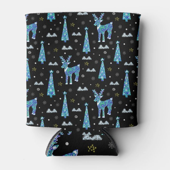 Reindeer, snowflakes, Christmas pattern Can Cooler (Front)