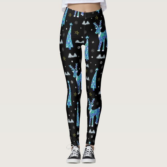 Reindeer, snowflakes, Christmas pattern Leggings (Front)