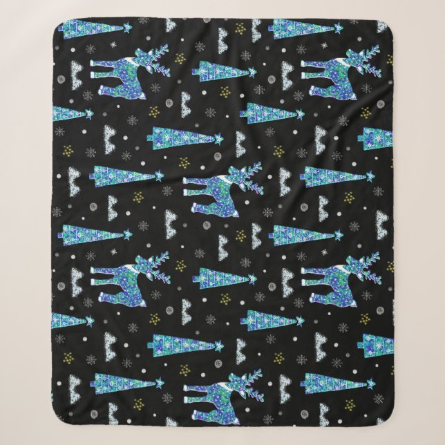 Reindeer, snowflakes, Christmas pattern Sherpa Blanket (Front)