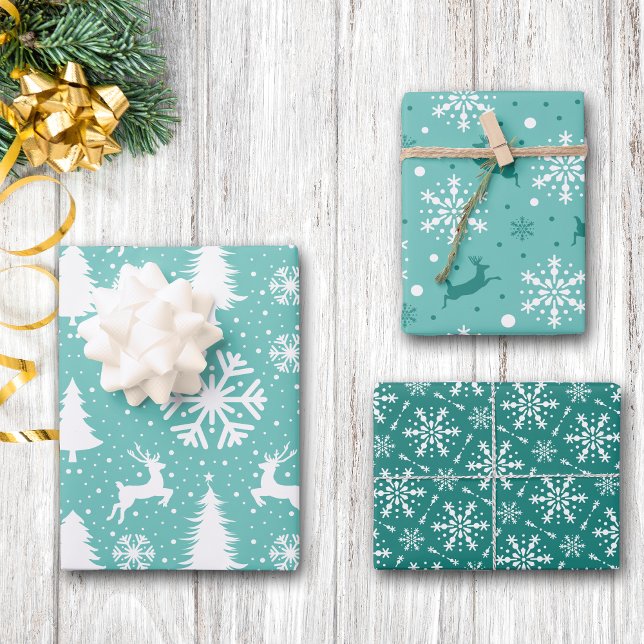 Reindeer Snowflakes Christmas Trees Teal Pattern Wrapping Paper Sheet (Creator Uploaded)