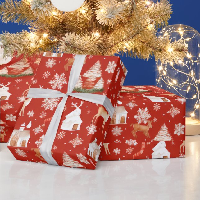 Reindeer Snowflakes Country Red Christmas Wrapping Paper (Holidays)