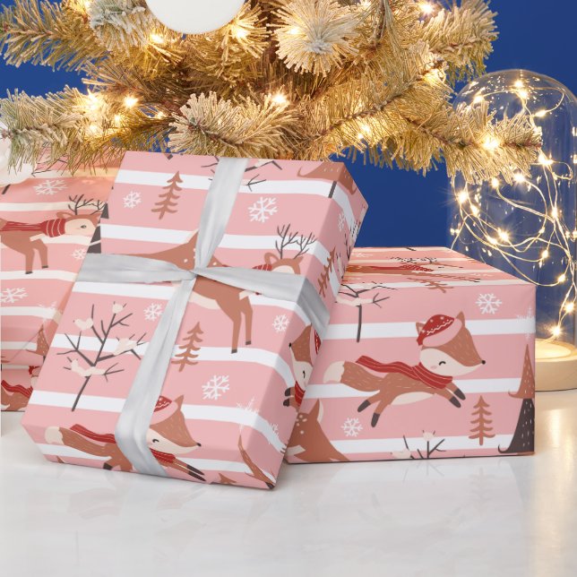 Reindeer Snowflakes Trees Pink and White Christmas Wrapping Paper (Holidays)