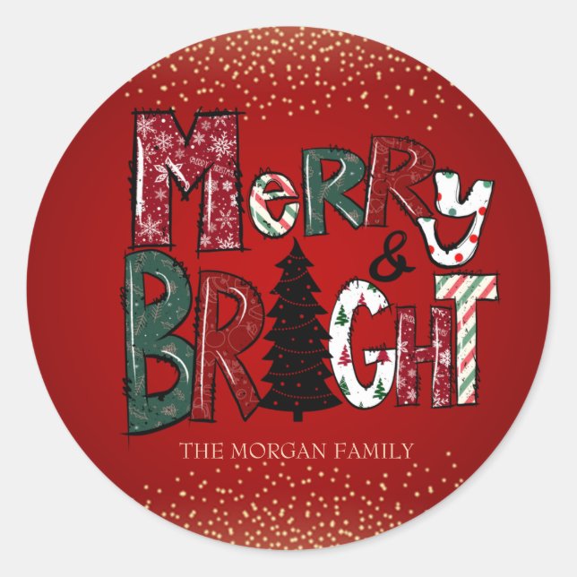 Reindeer,Snowman,Confetti Red Merry and Bright Classic Round Sticker (Front)