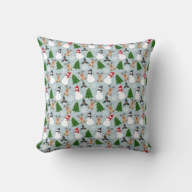 Reindeer, Snowman, Tree Design Cushion (Front)