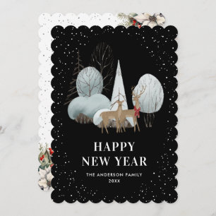 Reindeer Snowy Forest Black New Year Card