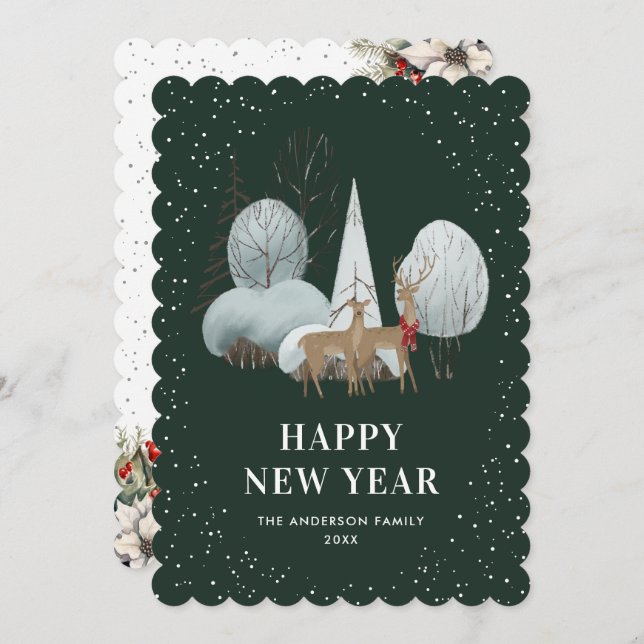 Reindeer Snowy Forest Green New Year Card (Front/Back)