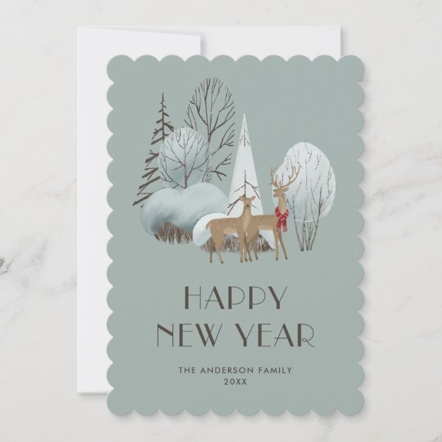 Reindeer Snowy Forest Happy New Year Card (Front)