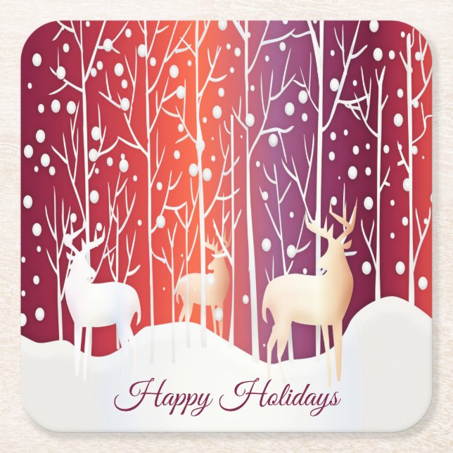 Reindeer Snowy Holiday Square Paper Coaster (Front)